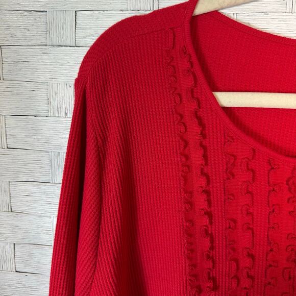 Lauren, Ralph Lauren womens Henley waffle knit T-shirt long sleeve red plus Sz ￼ - Picture 3 of 8